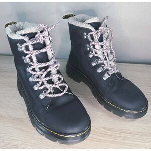 Dr Martens Combs W Faux Fur Lined Boots Black Leather Hiking Combat Size 8